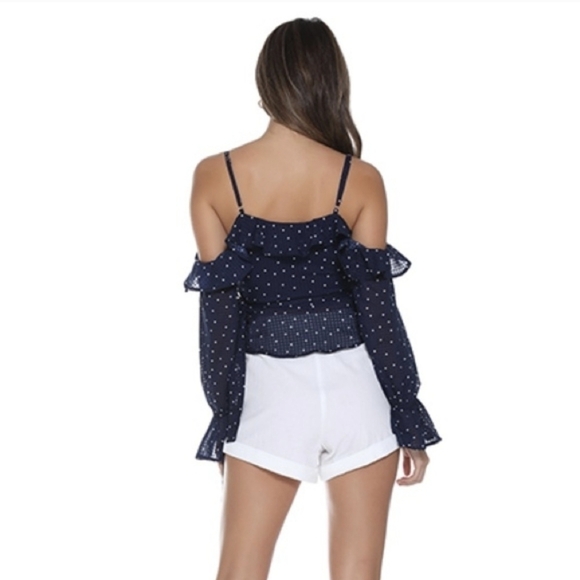 RUNAWAY polka dot blue and white off the cold shoulder ruffled wrap top blouse s - Picture 4 of 16